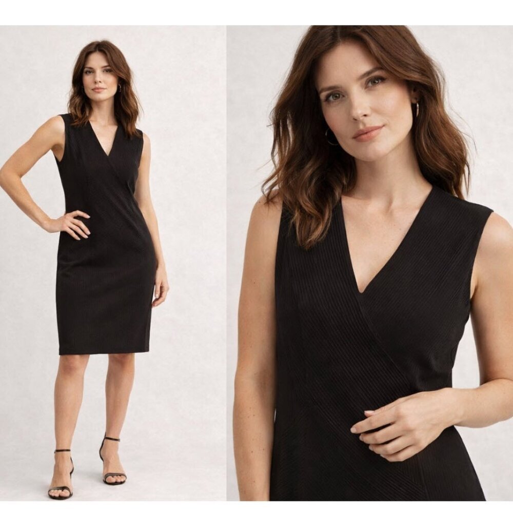 Anne Klein Black Ribbed V-Neck Midi Dress Size 12 Stretch